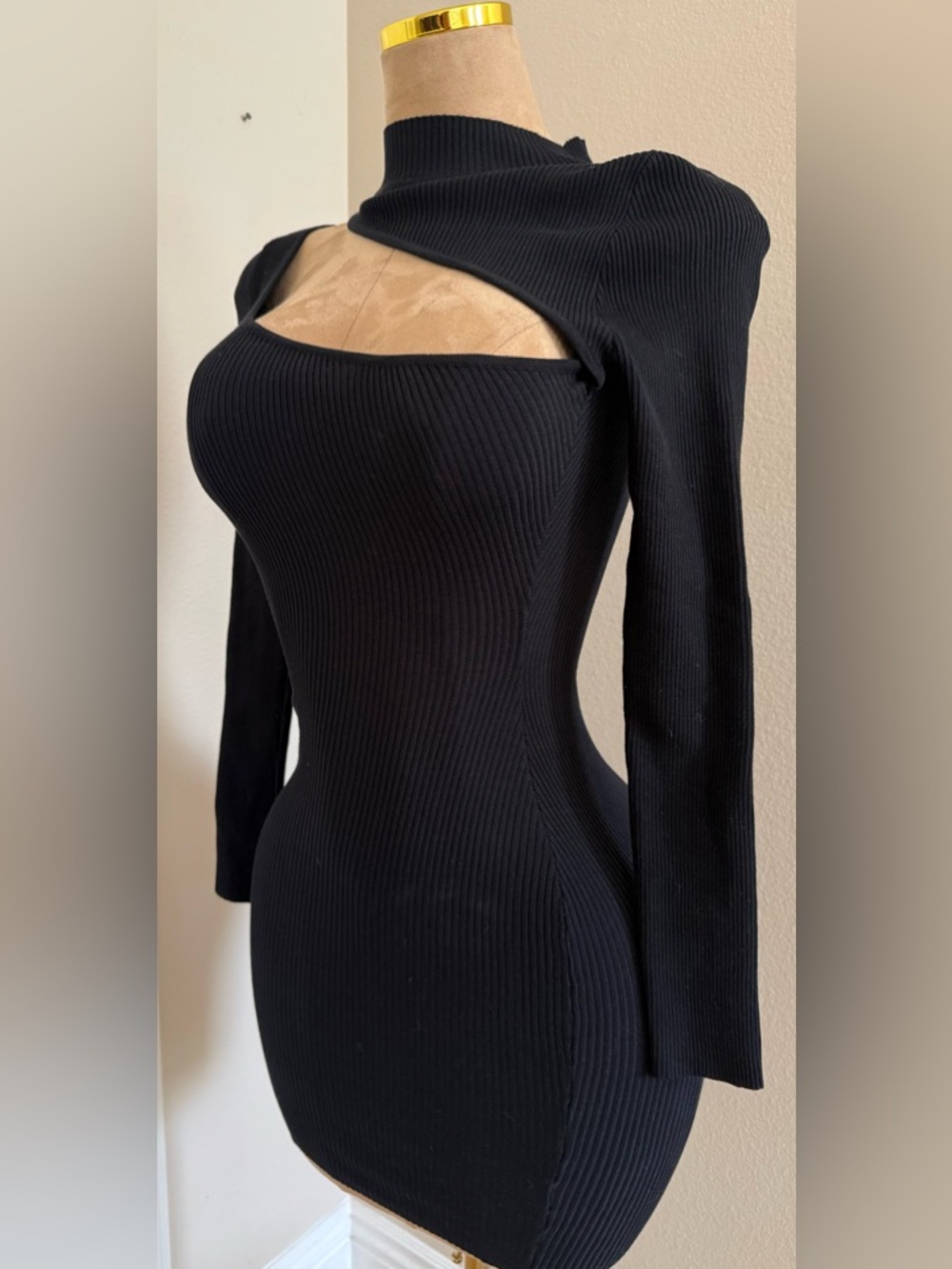 Fashion Nova Black Ribbed Asymmetric Cutout Long Sleeve Bodycon Dress